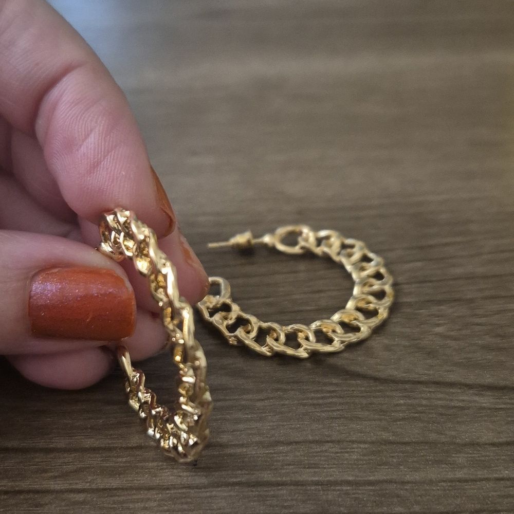 Gold Tone Chain Flattened Link Hoop Earrings 2"